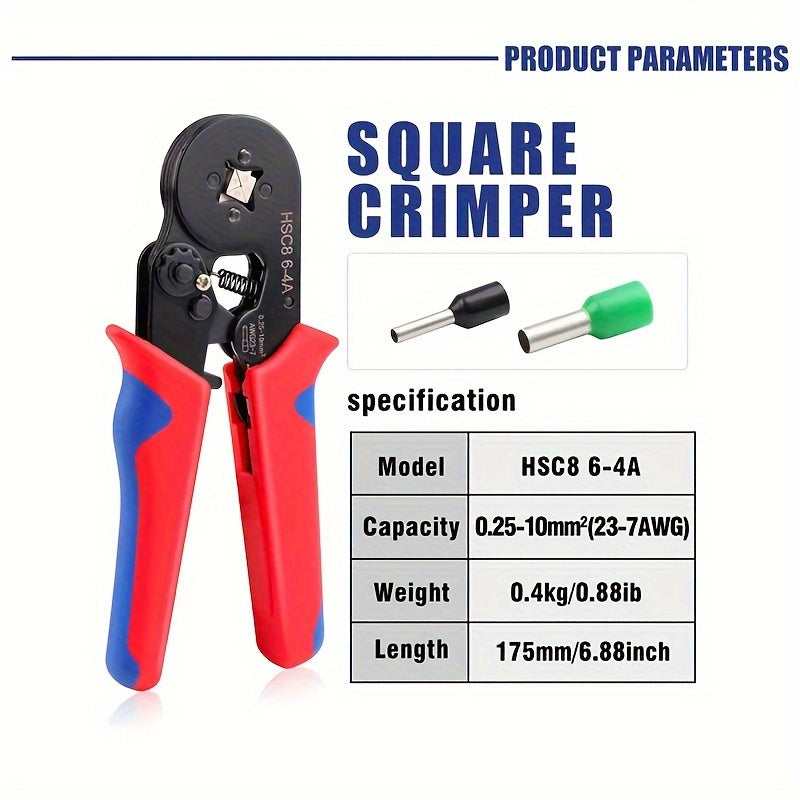 Electrician's Crimping Tool Set for Tubular Terminals, 0.25-10mm Range, Ideal for 23-7AWG Wires.