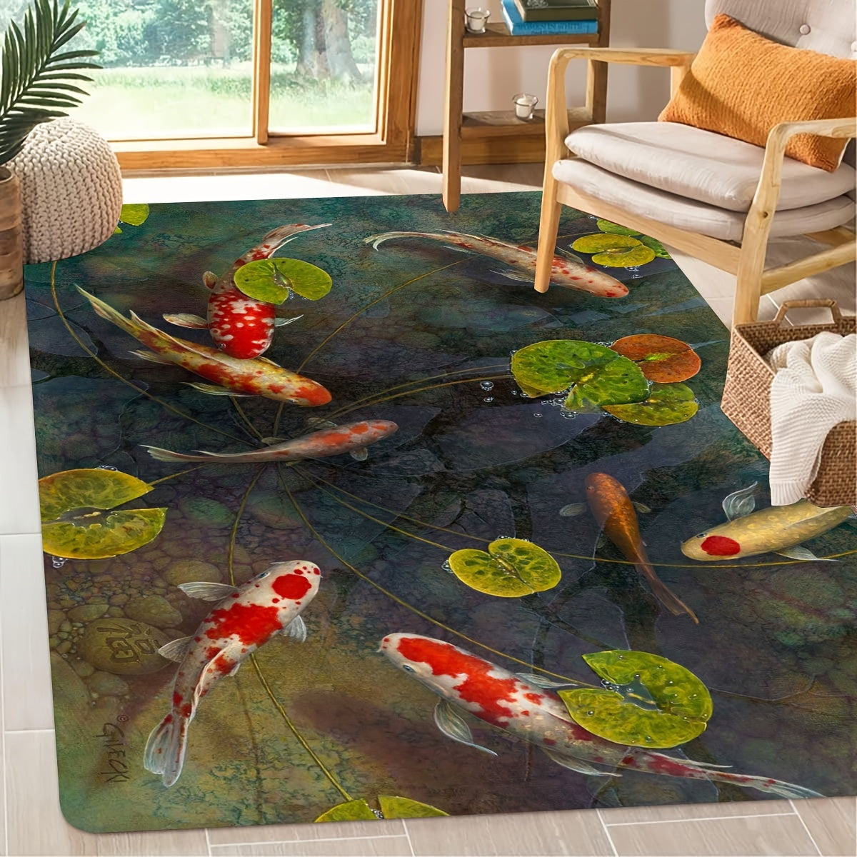 Hand-painted style rug featuring a Koi fish pattern, perfect for welcoming guests in your entrance or as a decorative piece in your living room, bedroom, dining room, kitchen, reading room, or laundry room.