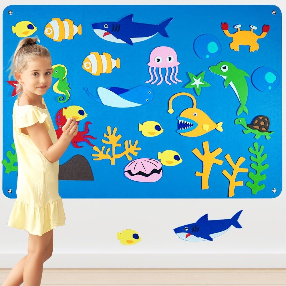 Ocean Animals Felt Board Set - Dive into the Underwater World with this interactive storytelling flannel toy set featuring a Shark, Octopus, Dolphin, and Turtle. Perfect for kids ages 3 and up, this wall hanging game is reusable and made from durable