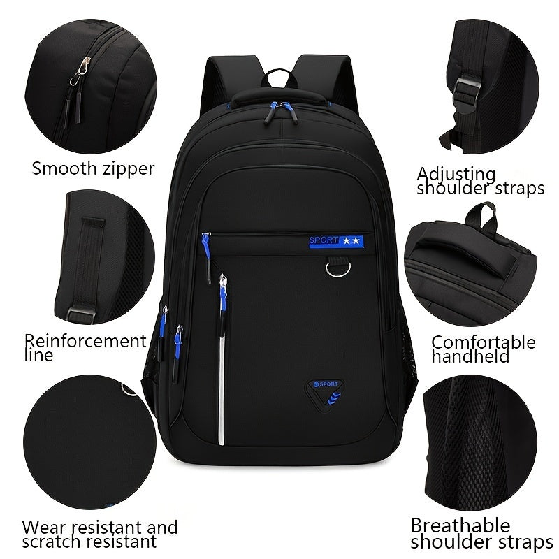 Durable nylon backpack with laptop compartment for students, easy to clean and ideal for school.