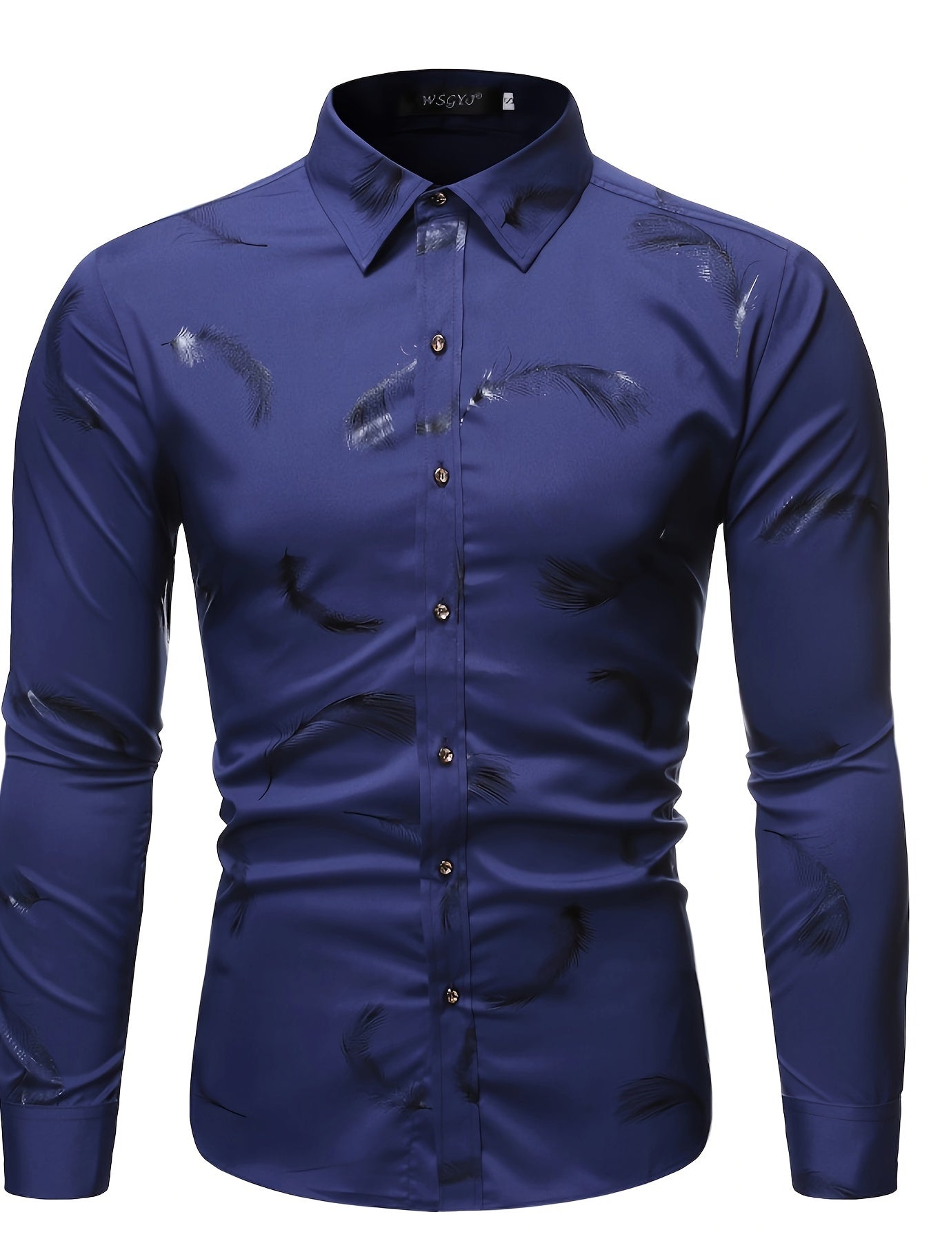 Men's elegant long sleeve shirt with golden feather print, 100% polyester, lapel collar, button details, skinny fit, all-season woven shirting, formal attire, modern tailored fit, durable