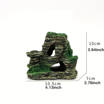 1 piece Resin Rockery Aquarium Ornament with lifelike moss-covered faux mountain and cascading waterfall, perfect for fish tank landscaping and decoration. peaceful and textured finish.