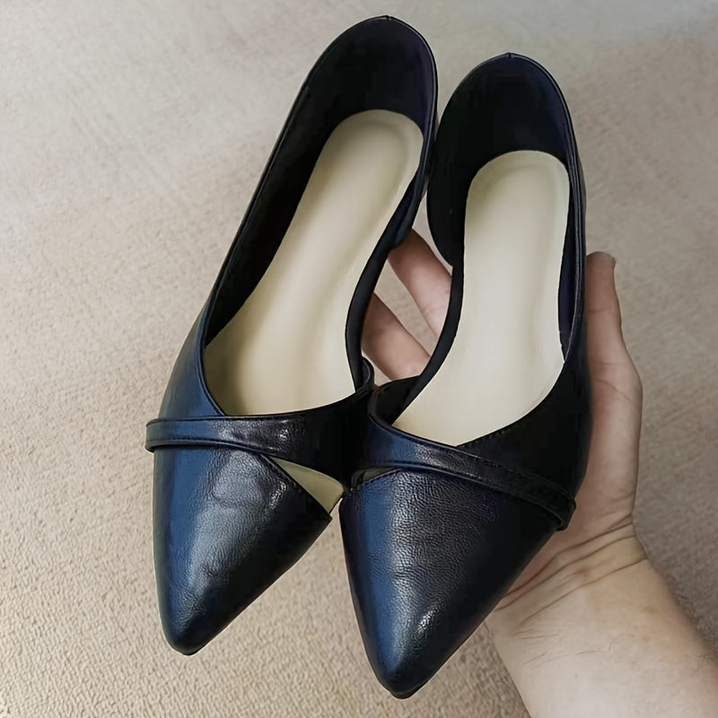 Women's black pointed-toe flats with side cut-out design, soft PU cover upper, lightweight PVC sole, comfortable slip-on shoes for all-day wear. Ideal for everyday wear. Minimalist and cute.