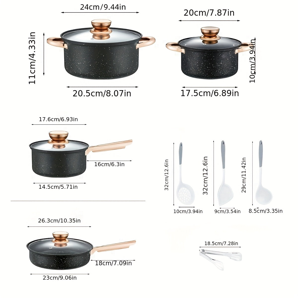 This stainless steel cookware set includes twelve pieces, featuring non-stick pots and utensils that are high temperature resistant and easy to clean. The high-end gold-plated handles add a touch of sophistication to the set. It comes with four pots