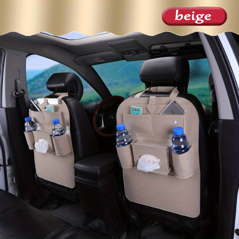 Car back seat organizer with storage pockets, kick mats, seat protectors, tissue box, cup holder, laptop table, and eating tray for parking use only.