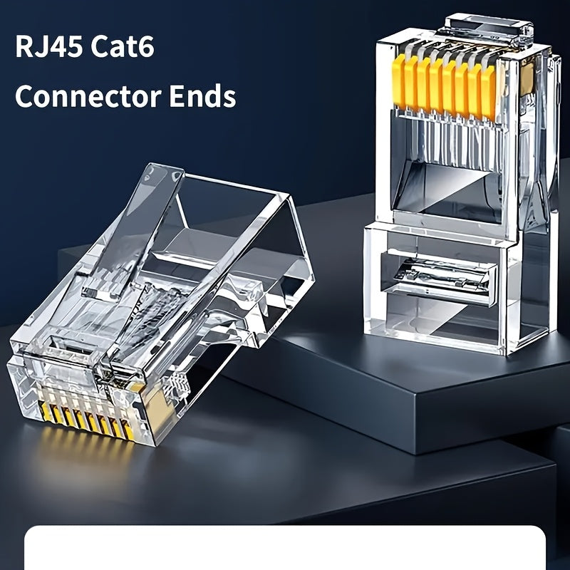 100-Pack RJ45 Pass-Through Ethernet Connectors for Cat6/Cat5 cables, gold-plated, unshielded, for solid/stranded UTP cables, non-charging RJ45 adapter.