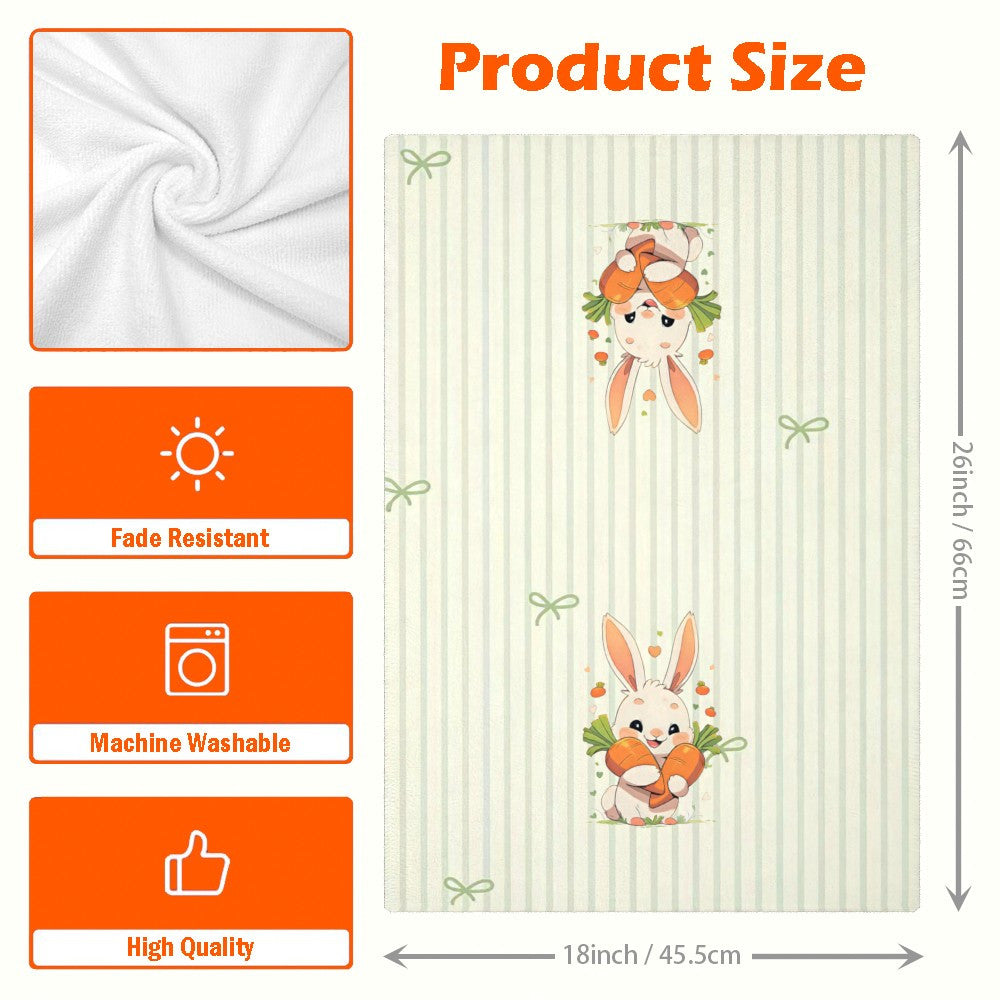 Two pieces of high-quality tea towels featuring a rabbit and carrot design, measuring 45.72x66.04cm. Made of soft, quick-dry polyester, these towels are highly absorbent and machine washable. The modern design boasts vibrant colors, making them ideal for