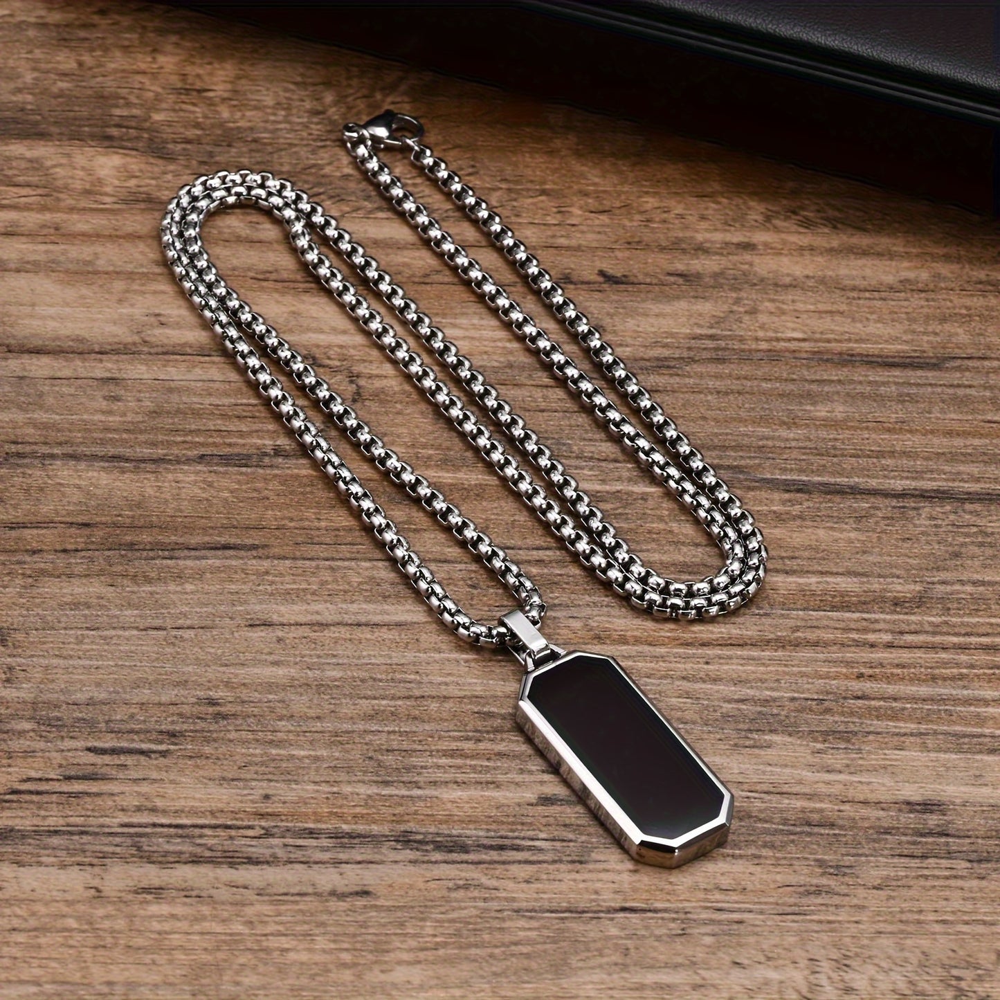 Stylish Men's Stainless Steel Necklace with Black Enamel Pendant - Durable and Ideal Gift for Him