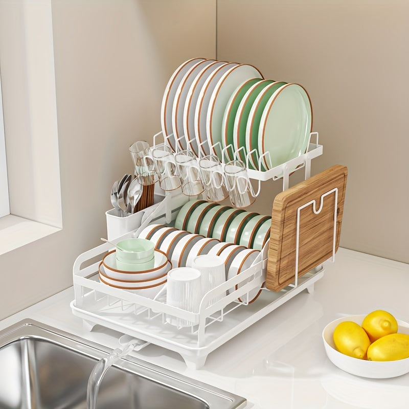 Kitchen Countertop Dish Drying Rack with Double Layers and Large Capacity, Steel Drainboard Dish Drainer with Utensil Holder, Suitable for Dishes, Knives, Cups, and Cutting Boards, Dimensions 41.4 x 28.96 x 27.43cm, Essential Kitchen Supplies