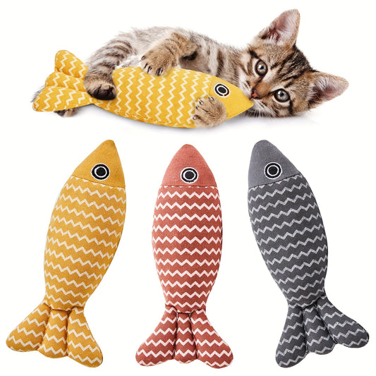 Durable linen fish-shaped cat toy designed for interactive play with sound.