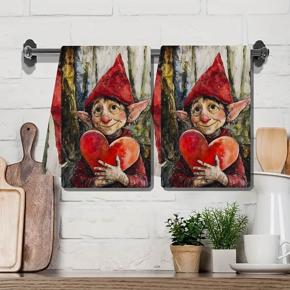 Get a pair of ultra-soft kitchen towels with a Valentine's Day elf design, perfect for holiday decoration. These towels are highly absorbent, machine washable, and measure 40.64X60.96 cm.