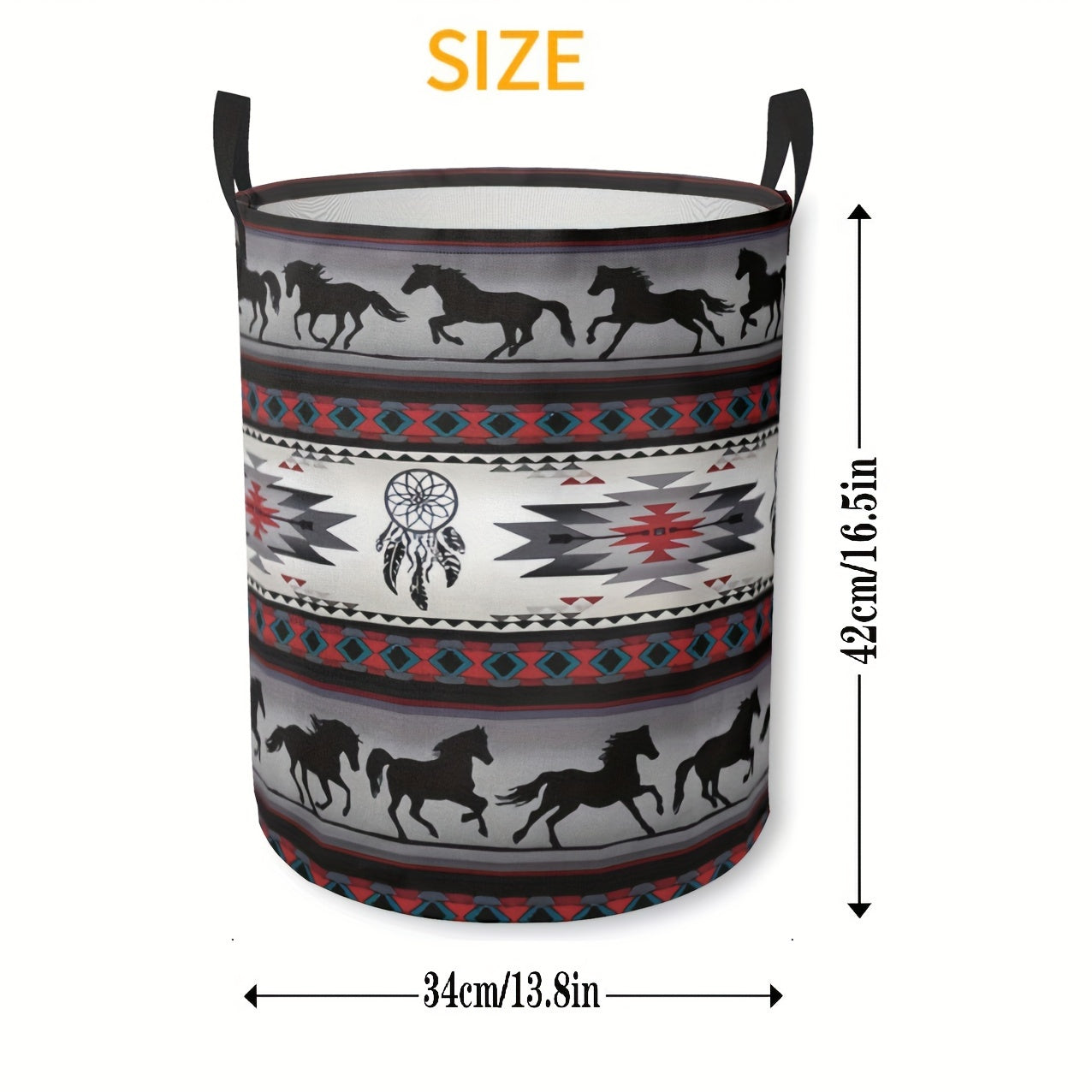 Large Capacity Foldable Laundry Basket with Handles, featuring a Galloping Horse Pattern. Durable and Stylish Polyester Round Hamper for Toy Storage in the Laundry Room, measuring 41.91 x 35.05 cm.