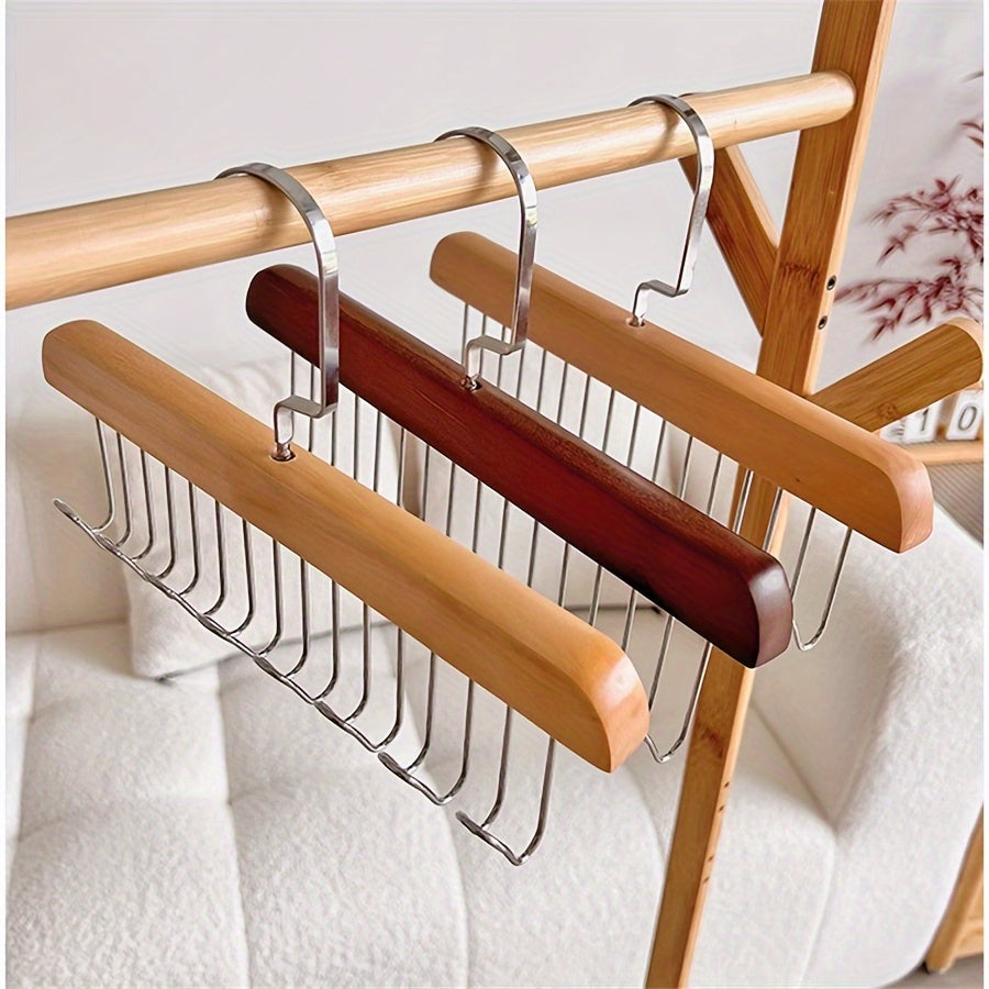 Versatile solid wood clothes hanger with 8 hooks for storage of underwear, vests, ties, and clothing. Ideal for use in clothing stores or as a clothes drying rack.