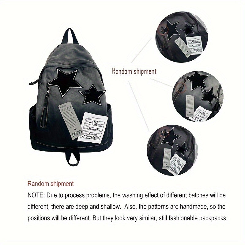 Punk Goth Denim Backpack with Star Patch, Zip Closure, Multiple Compartments, Large Capacity for Students & Everyday Use