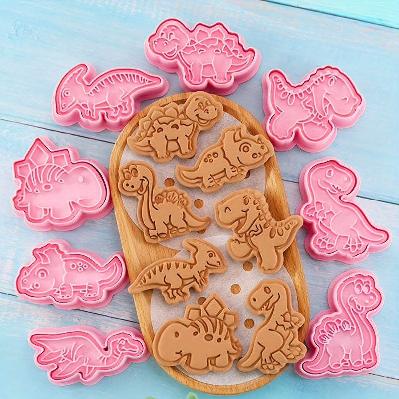 Set of 8 Dinosaur Cookie Cutters - Strong Plastic Molds and Stamps for Use at Home, in Bakeries, and Dessert Shops