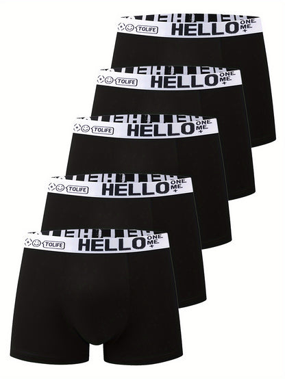 5pcs Men's 'HELLO' Boxer Briefs - Stylish, Breathable, Comfortable, High Stretch, Quick-drying Sports Trunks