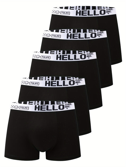 5 dona Erkaklar 'HELLO' Boxer Briefs - Zamonaviy, Havo o'tkazuvchi, Qulay, Yuqori cho'ziluvchan, Tez quriydigan Sport Trunks