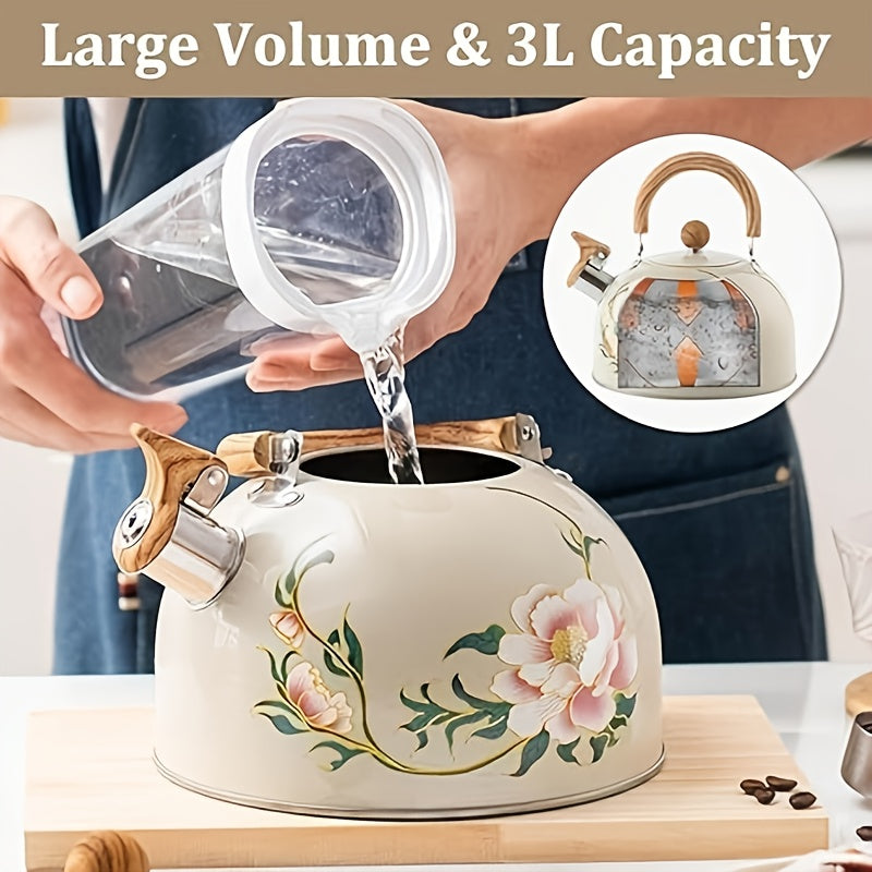 Chinese-style 3L stainless steel whistling tea kettle with handle, uncharged and suitable for stove top use.