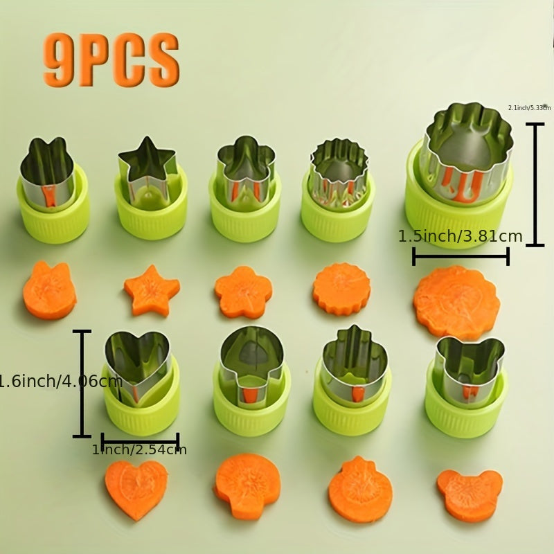 Set of 9 mini vegetable cutter shapes made of stainless steel, perfect for young bakers to use as fruit and cookie stamps. Great for baking, pastry making, and food decorating.