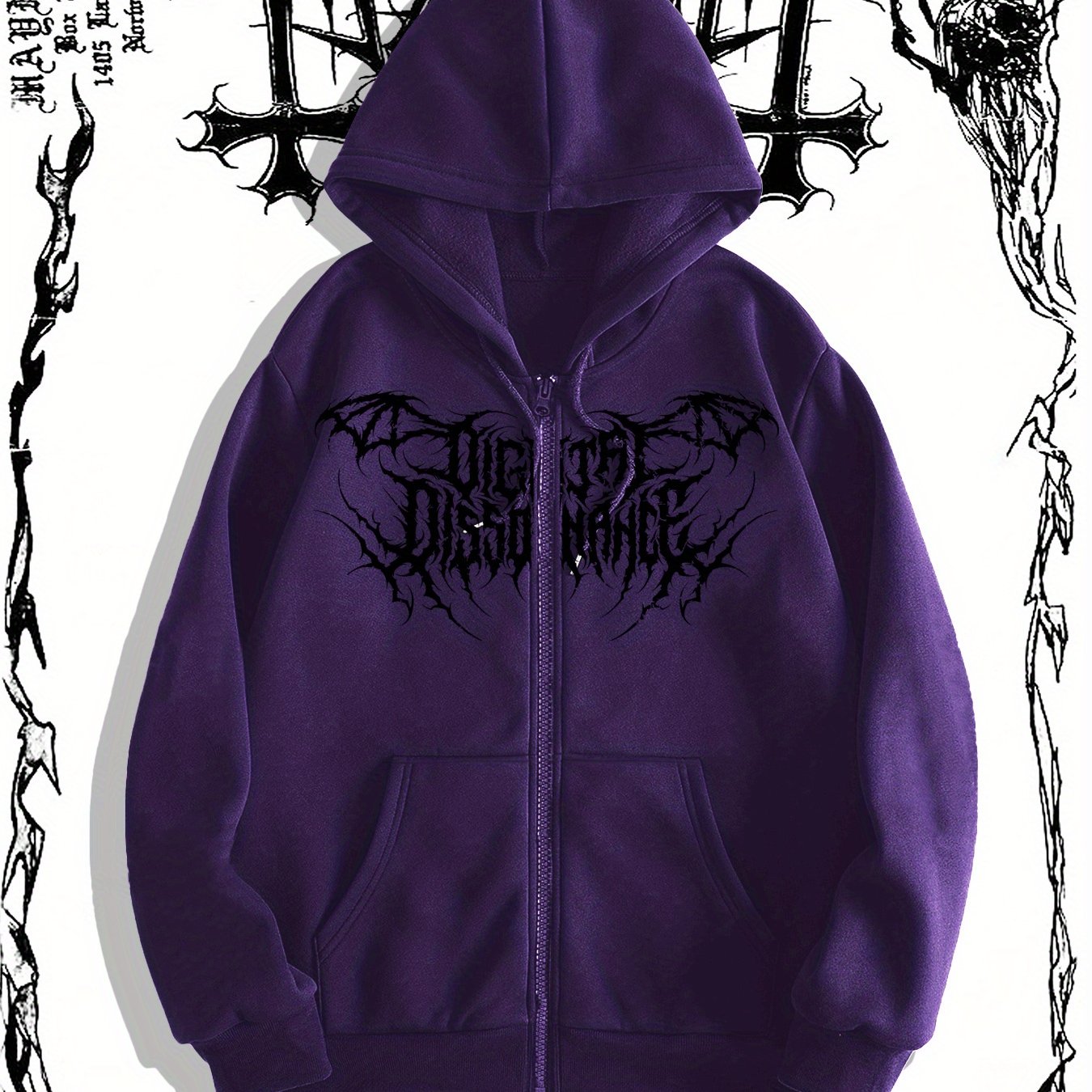 Men's Gothic Dark Print Hooded Sweatshirt with Zipper, Regular Fit, Fall/Winter Collection, 250g/m² Fabric Weight.