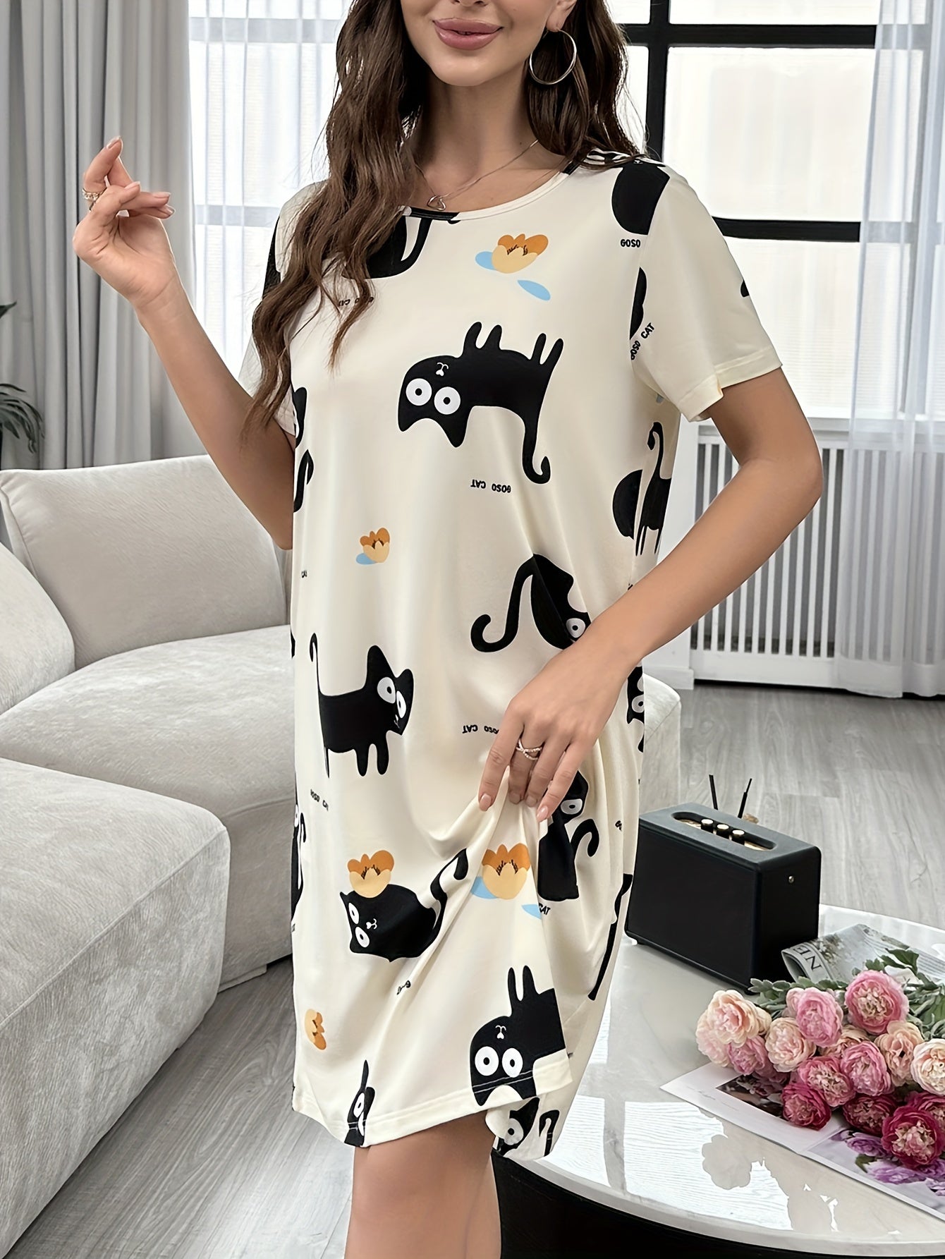 Cartoon Cat Print Nightdress for Women, Short Sleeve Sleep Dress