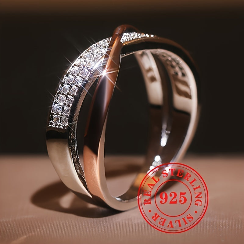 925 Pure Silver Two-tone Möbius Ring with Dense Cubic Zirconia, Elegant and Simple Style for Women's Fashion. Great for Daily Wear and Parties.