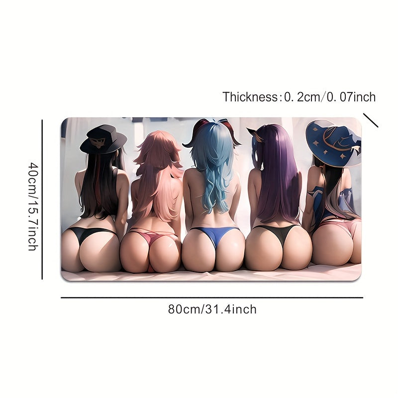 Large, thick, water-resistant anime girl silhouette gaming mouse pad with non-slip base and smooth surface for gamers and office use.