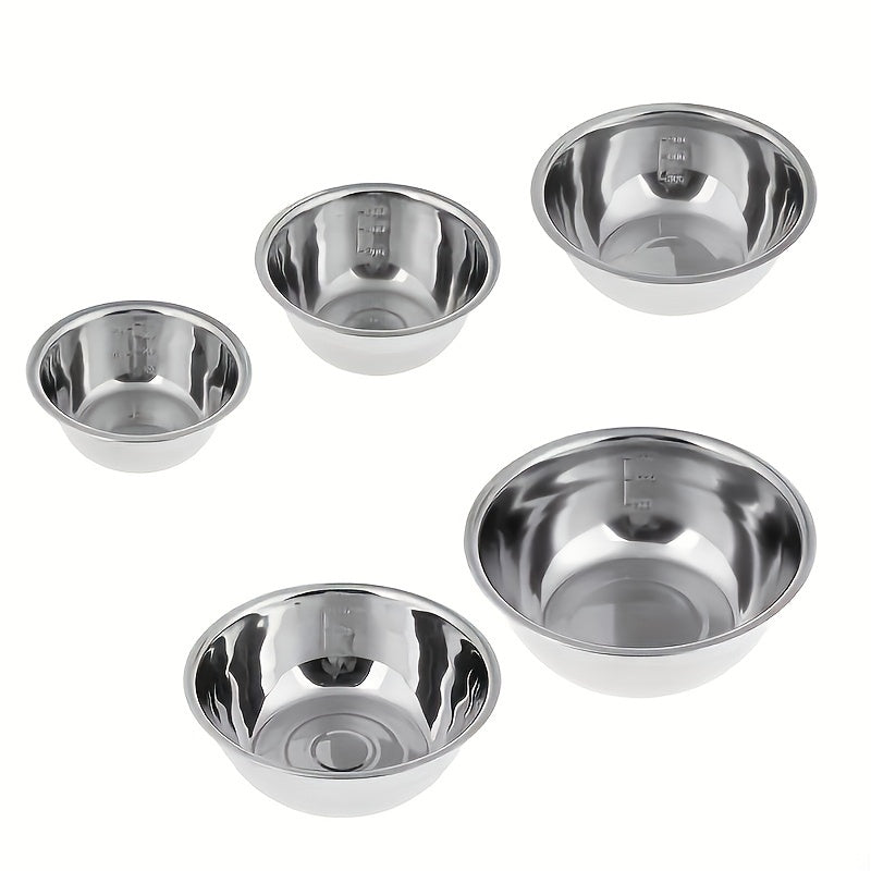 Set of 5 stainless steel mixing bowls with scales - perfect for cooking, baking, and meal prep - versatile kitchen bowls for washing and serving - complete with baking utensils