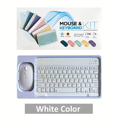 Portable keyboard and mouse combo for tablets - compatible with iPad, Android, Samsung, Xiaomi. Features wireless connectivity, rechargeable battery, optical motion detection, light green &