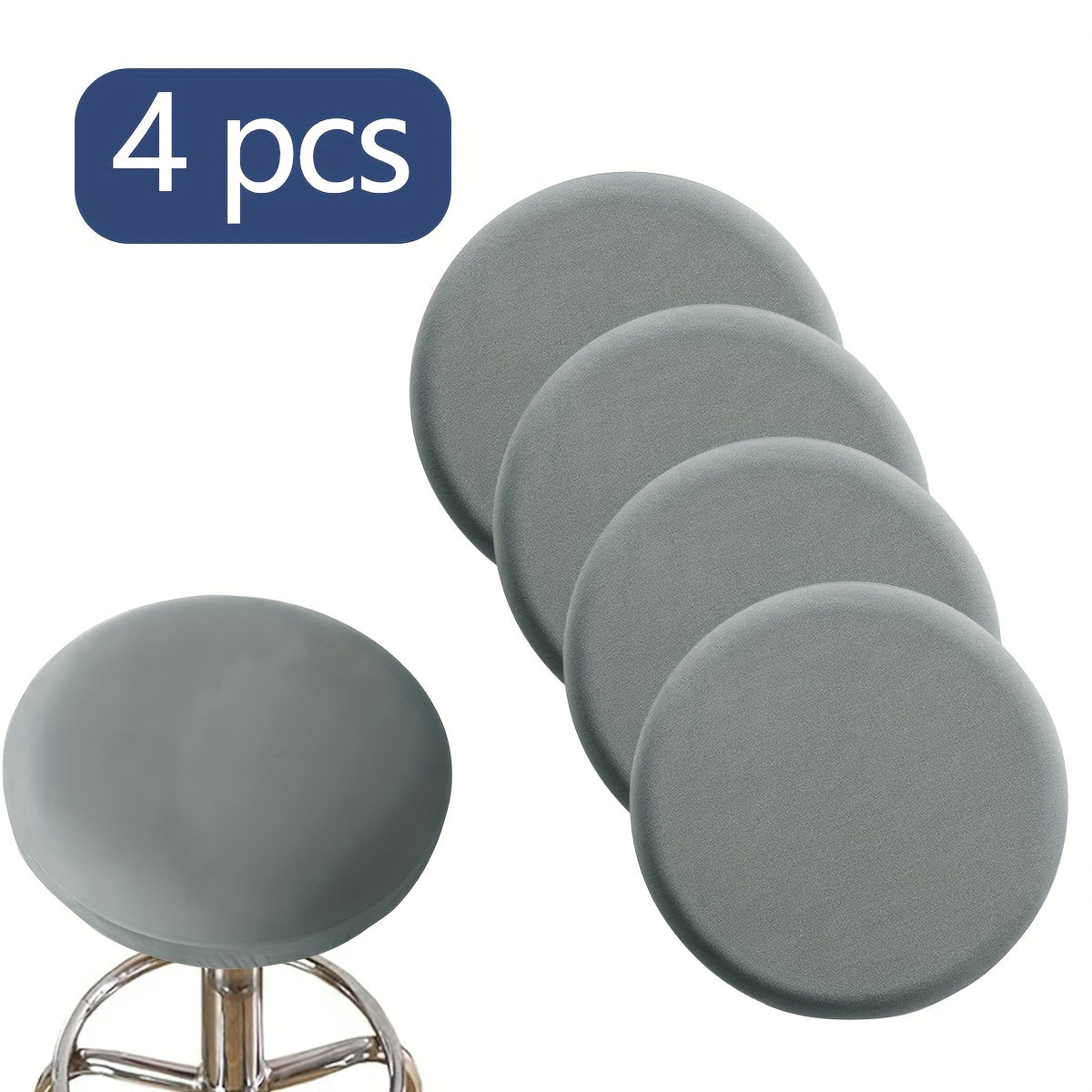 Classic solid color round stool cover in 1pc, 4pcs, or 6pcs options. Made of high elastic material that is clear and natural, dustproof, soft, and adhesive. Suitable for various round chairs. Weighs 120gsm.