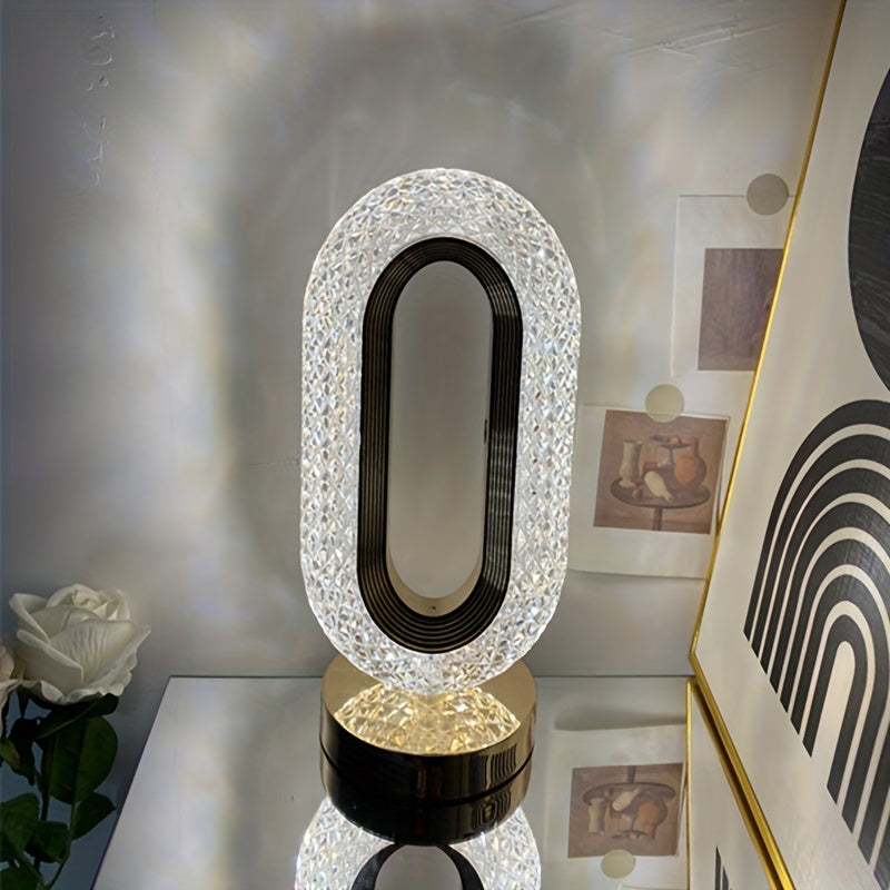 Luxurious oval crystal table lamp with USB charging, perfect for bedroom, living room, or party decor.