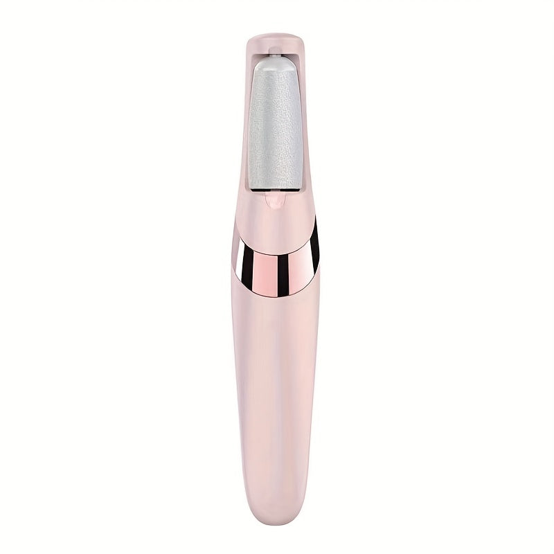 USB rechargeable electric foot pedicure tool in sleek white with golden accents. Features dual roller heads for smooth feet, portable dead skin and callus remover. Includes 500mAh lithium