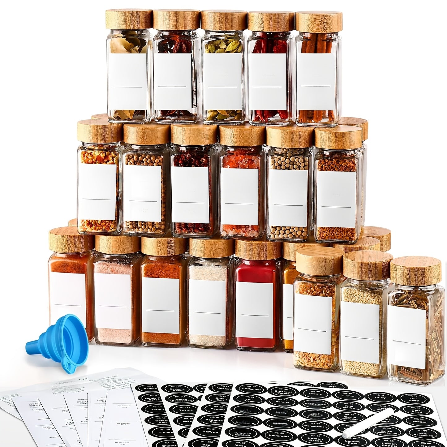 12-piece glass spice jar set with bamboo lids, labels, and funnel for airtight kitchen storage of seasonings and condiments.