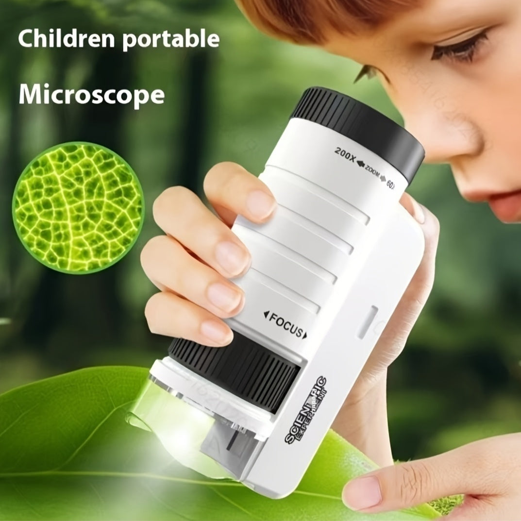 Portable handheld mini microscope with LED light for kids, 60X-200X magnification, PVC material, ideal holiday gift for boys and girls, perfect for back-to-school science toy in