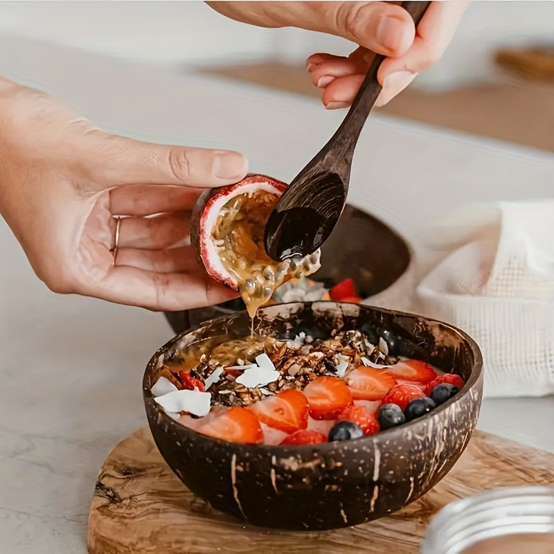 Natural coconut bowl for salads, smoothies, oatmeal, fruit yogurt. Rust-resistant, unique shape kitchen accessory.