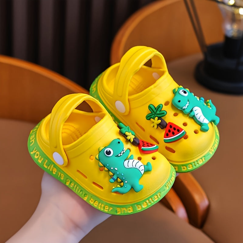 Cute cartoon dinosaur clogs for kids, perfect for indoor and outdoor use.