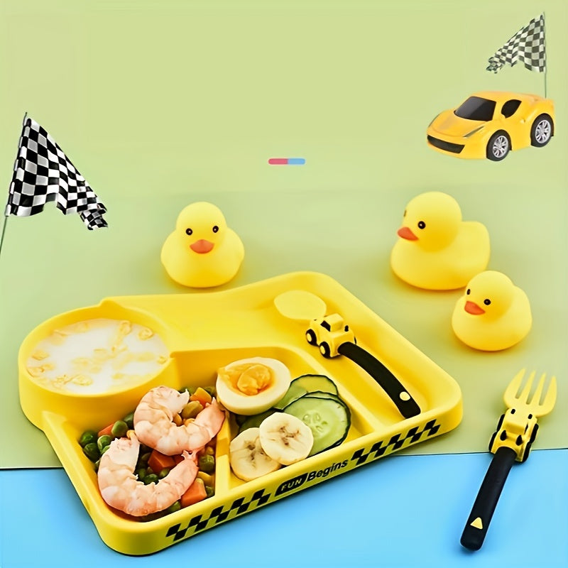 Easter Gift Set: Children's Cartoon Racing Dinner Plate with Fork, Spoon, and Baby Self-Feeding Cutlery. Includes Food Supplement Divided Bowl and Non-Slip Dinner Plate with Suction Cup.