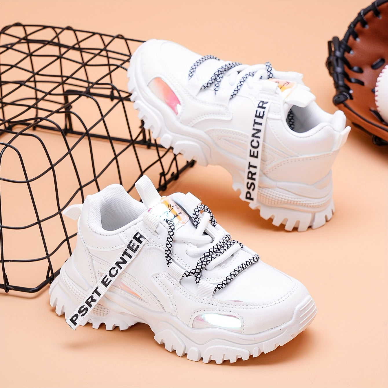 Breathable low-top sneakers for girls and boys with streamer design in pink and white, suitable for all-season wear for outdoor activities, running, and everyday use.