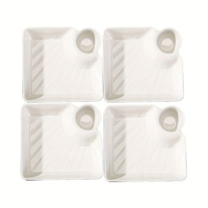 4-piece chip and dip serving platter set with sauce compartment, ideal for serving snacks and appetizers in home kitchens, restaurants, and other dining settings.