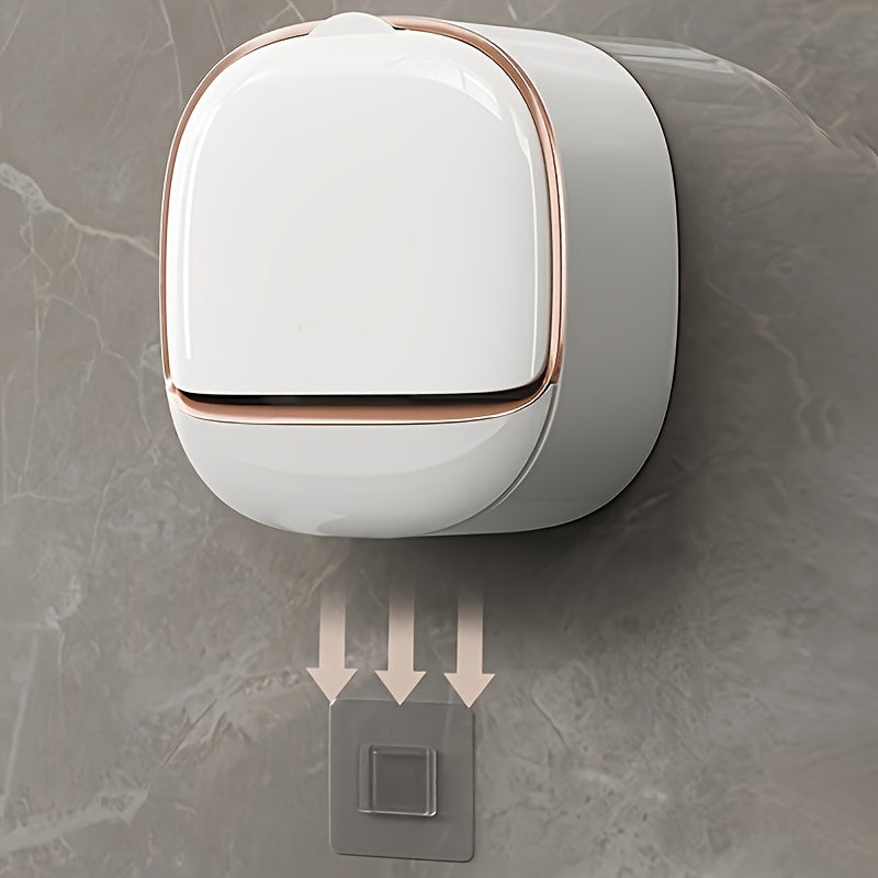 Single wall-mounted soap dispenser with drainage, no-drill installation, plastic rectangle design in green/white or white/rose gold, ideal for bathroom, kitchen, and sink storage.