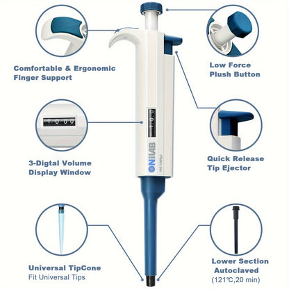 High-Precision ONiLAB Micropipette, adjustable 0.1ul-10ml, autoclavable, with ergonomic grip and storage holder.