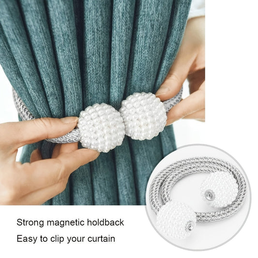 Set of 2 Pearl Magnetic Curtain Tiebacks - Stylish Solution for Holding Back Small, Thin, or Sheer Window Drapes with Ease