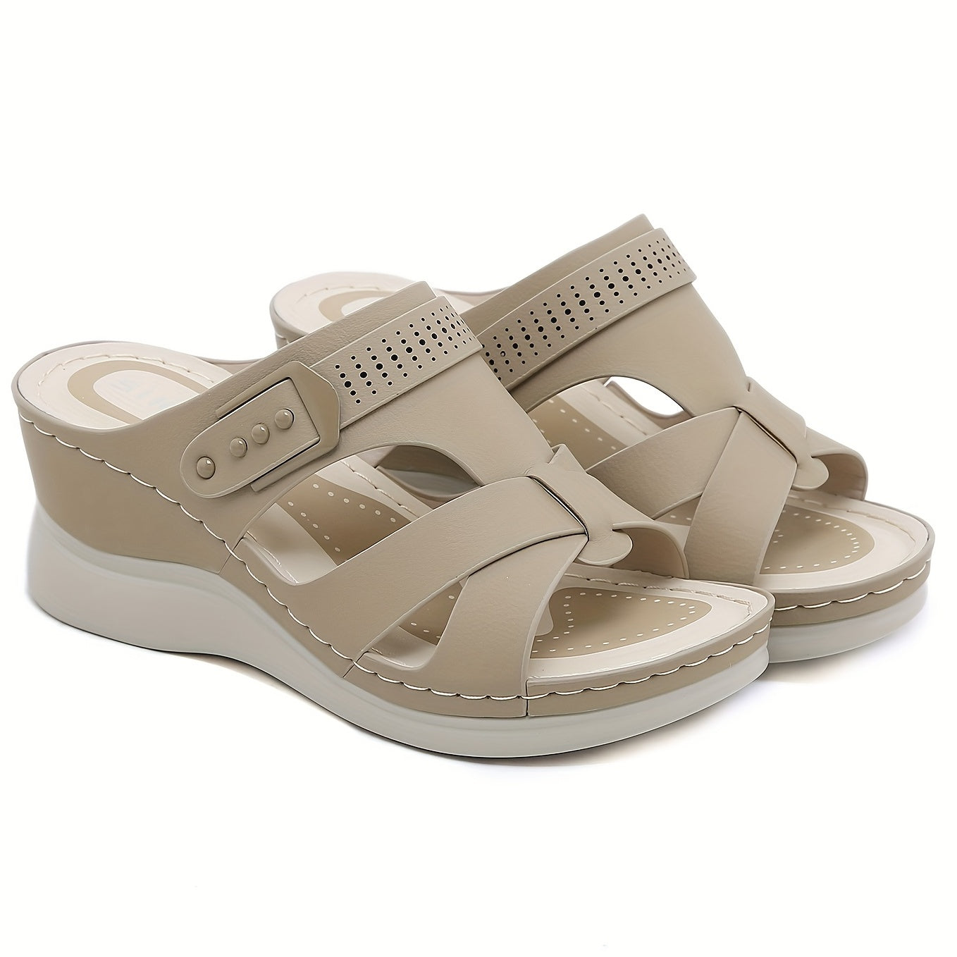 Women's wedge slide sandals with open toe cross strap, slip-on design for casual outdoor wear.