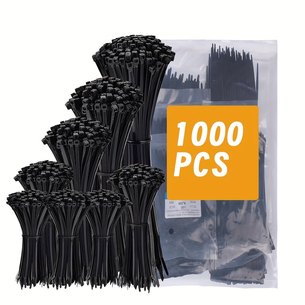 1000 pcs of assorted sizes of black zip ties for cables and wires.