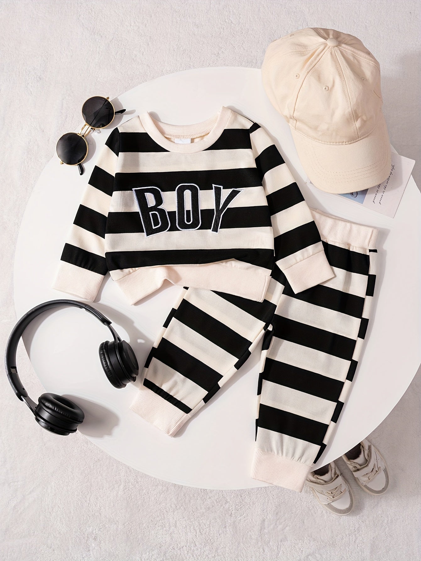 Stylish casual striped outfit for boys, including round-neck long-sleeve top with 'BOY' embroidery and striped long pants, perfect for children's wear in spring, autumn, and winter