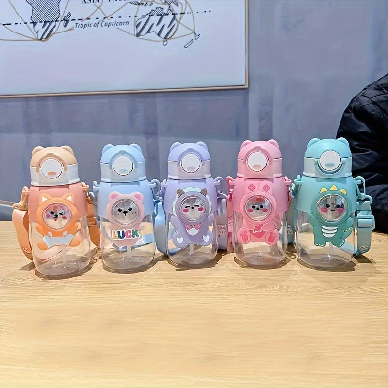 1pc Cute Cartoon Straw Water Bottle- Leak Proof Flip Top, Hand Wash Only, Ideal for Outdoor Activities, Travel, Fitness- Round Shape, PVC Free PC Material.