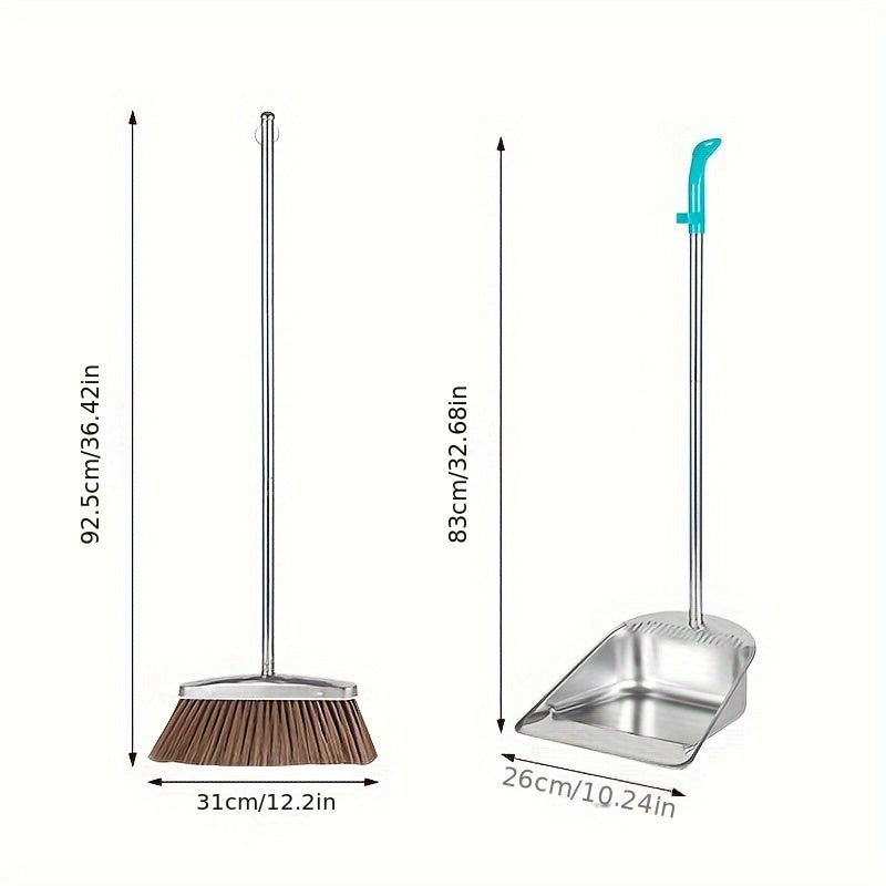 Heavy Duty Stainless Steel Broom and Dustpan Bundle - Long-lasting, Simple to Maintain for Household Cleaning in Various Areas such as Kitchen, Bedroom, Living Room, and Outdoor Environments