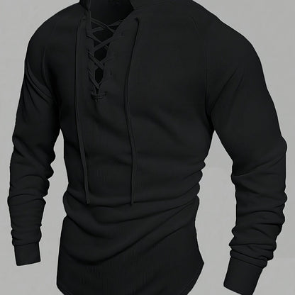 Men's casual stand collar lace-up neck t-shirt made of polyester blend knit fabric with medium stretch in a solid color, regular fit for spring/fall.