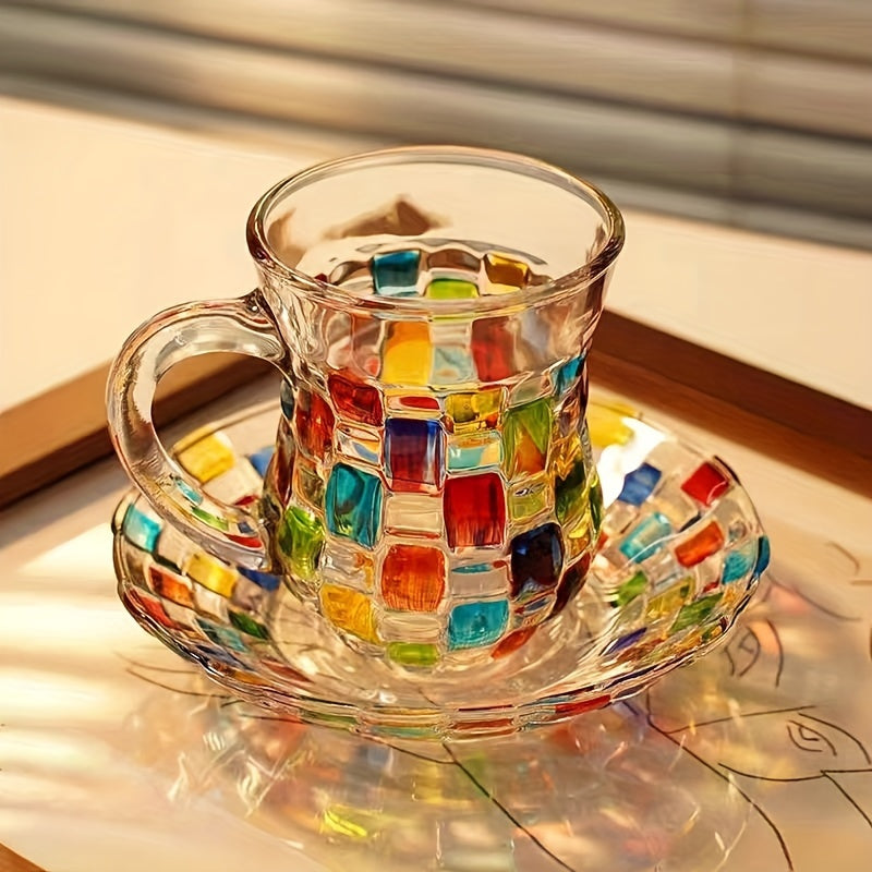 Hand-painted color grid coffee cup and saucer set with European style, perfect for home use.