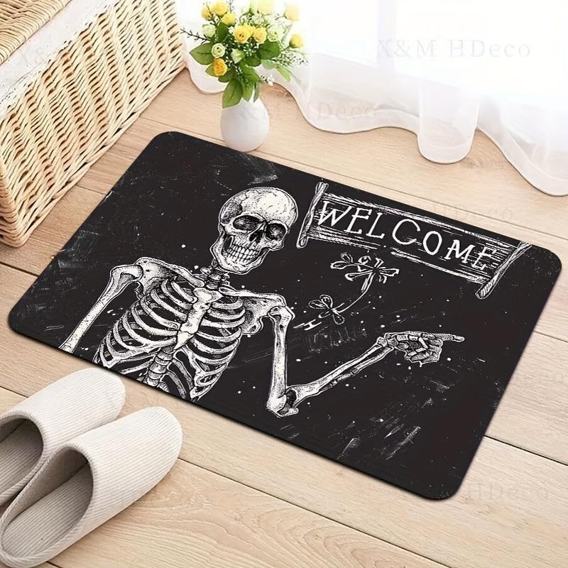 Skeleton Welcome Doormat - Machine Washable Polyester Flannel Indoor Mat with PVC Backing, Rectangle Textile Mat for Laundry, Bathroom, Kitchen, Living Room, Bedroom Entrance Decoration - Area Mat that is Washable